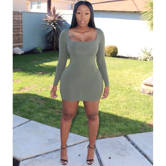 Square Neck Long Sleeve Mini Dress 